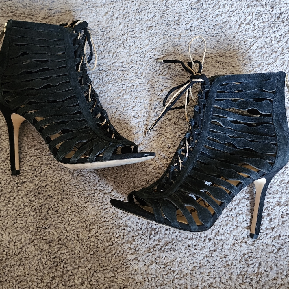 SAM EDELMAN Black Strappy Suede Heels Size 8.5